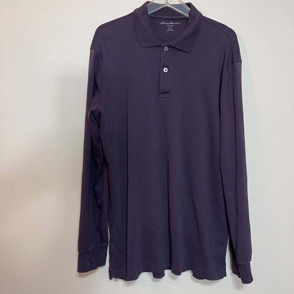 Eddie Bauer Mens Long Sleeve Polo Shirt Burgundy Cotton Size L Classic Casual